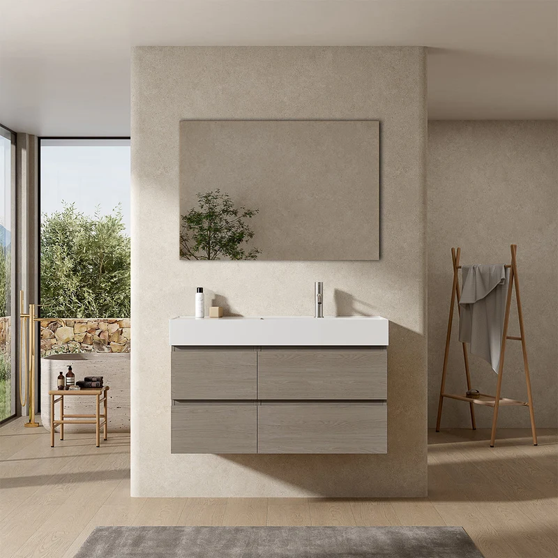 Mobile bagno sospeso 100 cm Beige Lavabo a Destra in Resina Specchio Quadro - Fiji Wood