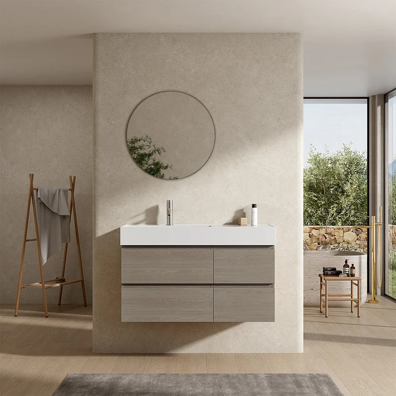 Mobile bagno sospeso 100 cm Beige Lavabo a Sinistra in Resina Specchio Tondo - Fiji Wood