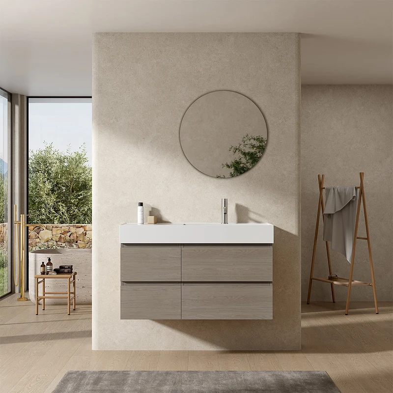 Mobile bagno sospeso 100 cm Beige Lavabo a Destra in Resina Specchio Tondo - Fiji Wood