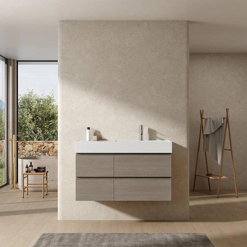 Mobile bagno sospeso 100 cm Beige Lavabo a Destra in Resina Senza Specchio - Fiji Wood