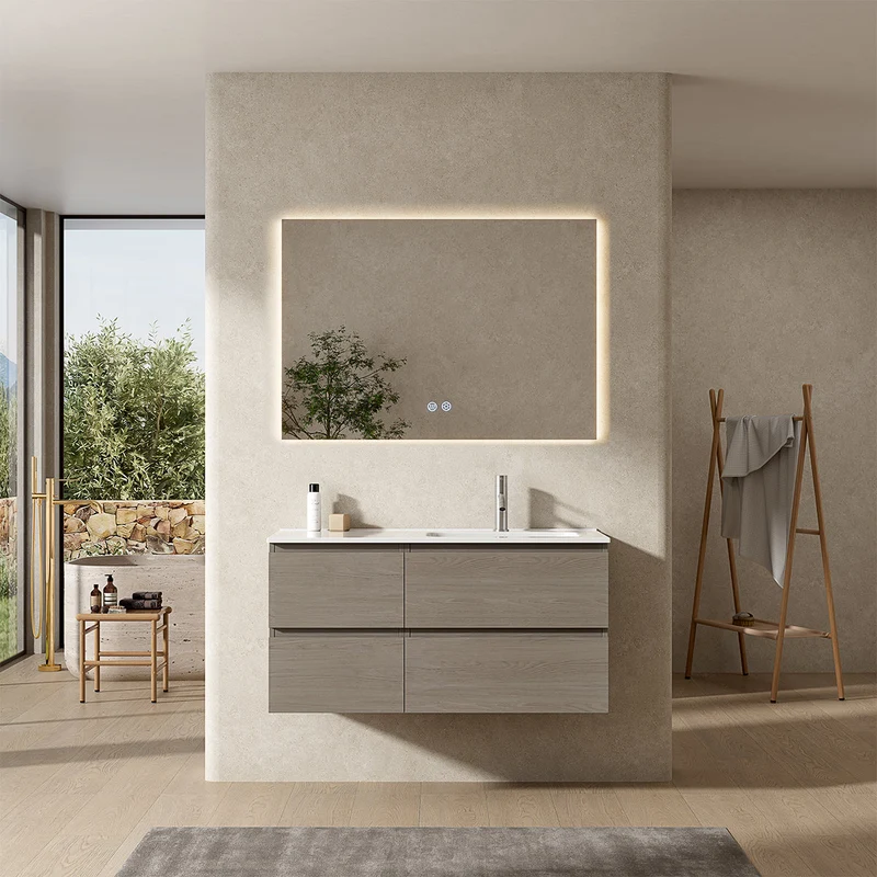 Mobile bagno sospeso 100 cm Beige Lavabo a Destra in Ceramica Specchio Quadro Retroilluminato - Fiji Wood