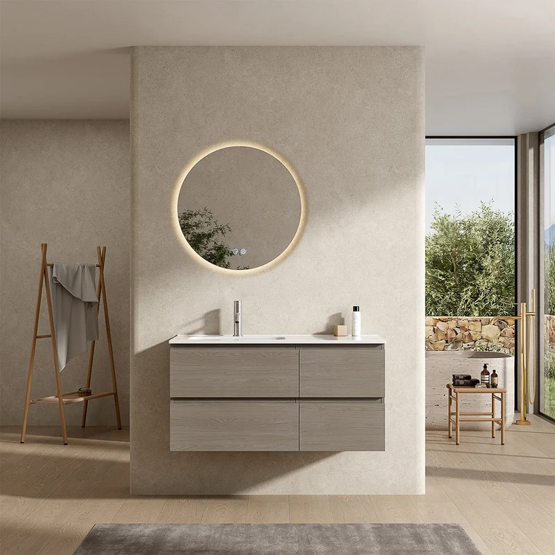 Mobile bagno sospeso 100 cm Beige Lavabo a Sinistra in Ceramica Specchio Tondo Retroilluminato - Fiji Wood