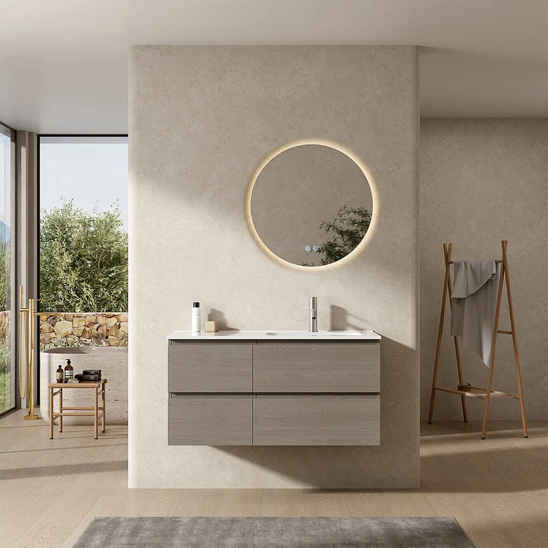 Mobile bagno sospeso 100 cm Beige Lavabo a Destra in Ceramica Specchio Tondo Retroilluminato - Fiji Wood