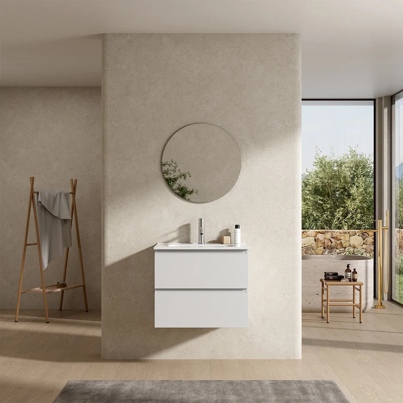Mobile bagno sospeso 60 cm Bianco Lavabo in Ceramica Specchio Tondo - Fiji Wood