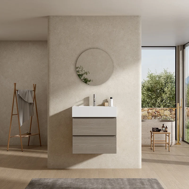 Mobile bagno sospeso 60 cm Beige Lavabo in Resina Specchio Tondo - Fiji Wood