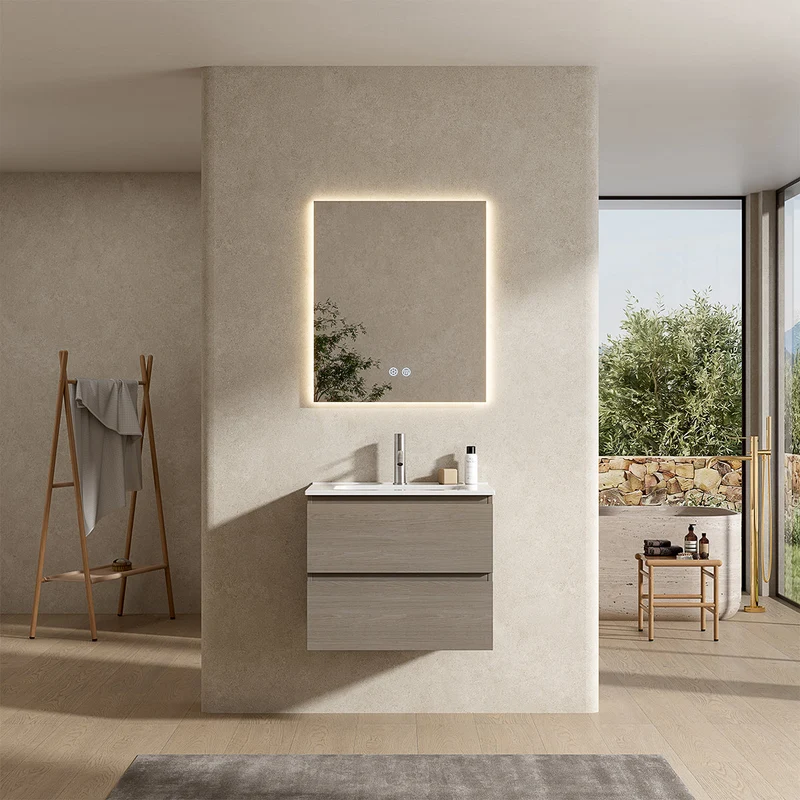 Mobile bagno sospeso 60 cm Beige Lavabo in Ceramica Specchio Quadro Retroilluminato - Fiji Wood