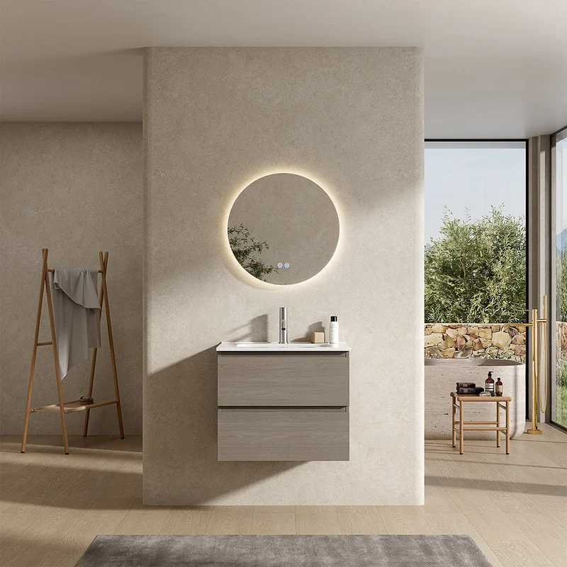 Mobile bagno sospeso 60 cm Beige Lavabo in Ceramica Specchio Tondo Retroilluminato - Fiji Wood
