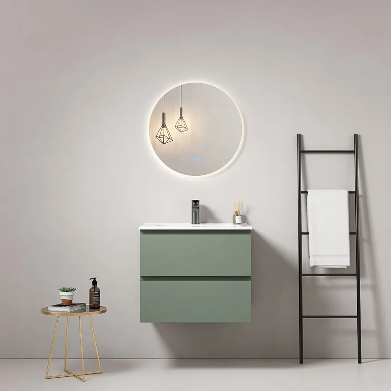 Mobile bagno sospeso 60 cm Verde Salvia Lavabo in Ceramica Specchio Tondo Retroilluminato - Fiji Paint