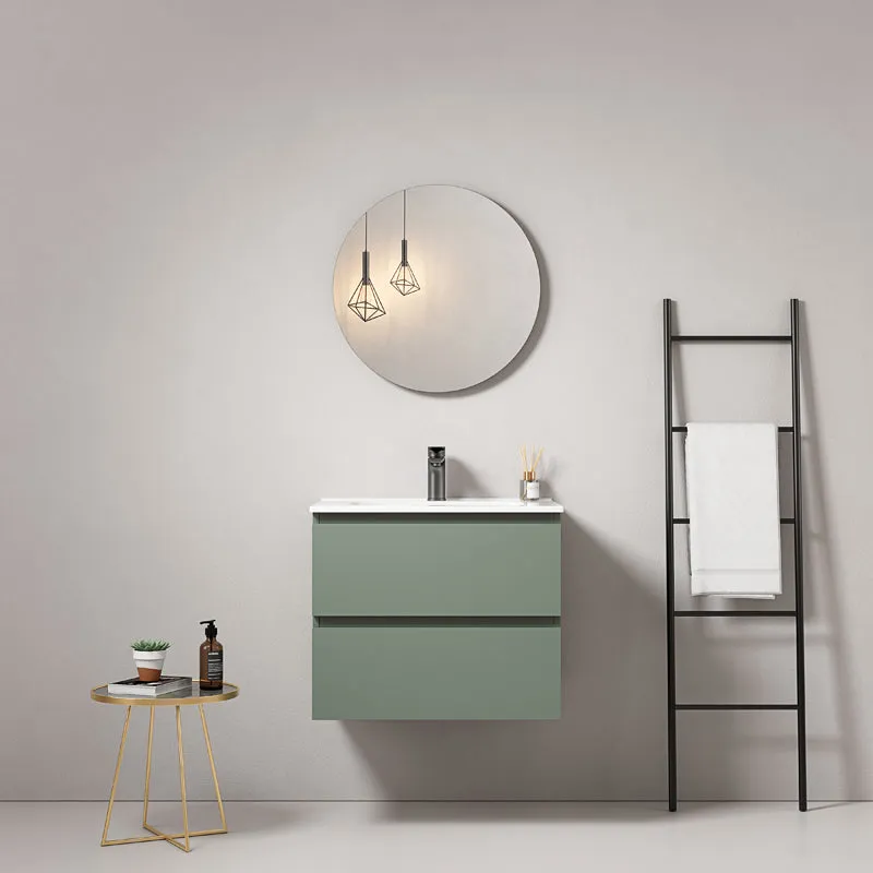 Mobile bagno sospeso 60 cm Verde Salvia Lavabo in Ceramica Specchio Tondo - Fiji Paint