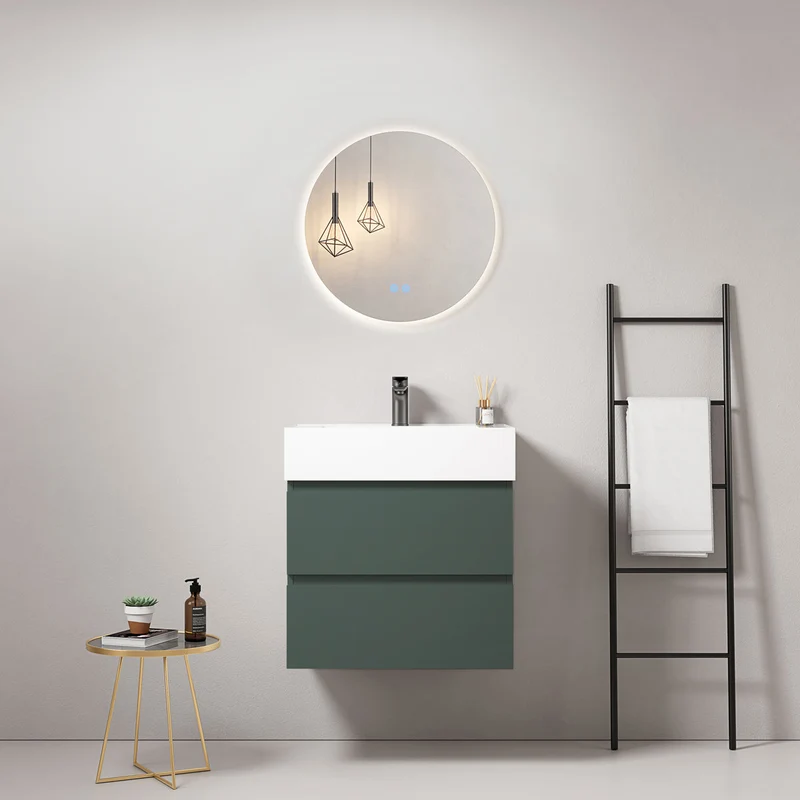 Mobile bagno sospeso 60 cm Verde Comodoro Lavabo in Resina Specchio Tondo Retroilluminato - Fiji Paint