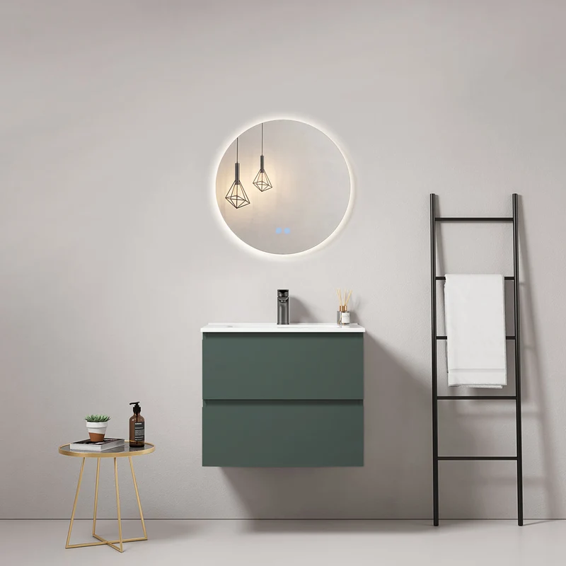 Mobile bagno sospeso 60 cm Verde Comodoro Lavabo in Ceramica Specchio Tondo Retroilluminato - Fiji Paint