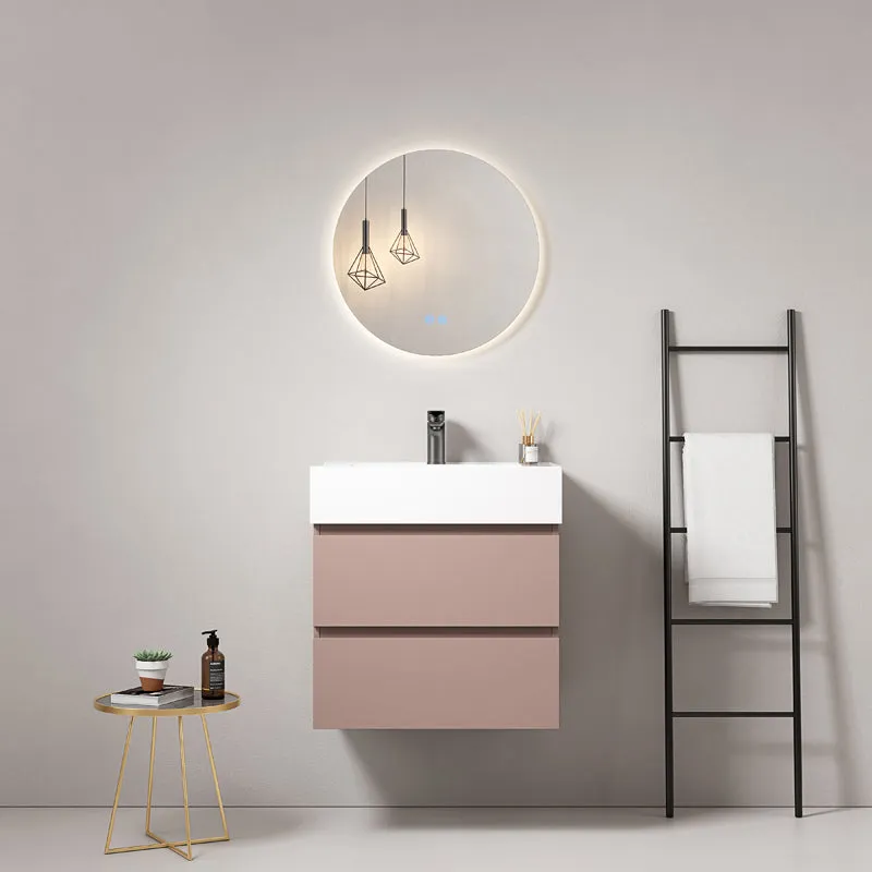Mobile bagno sospeso 60 cm Rosa Retro Lavabo in Resina Specchio Tondo Retroilluminato - Fiji Paint