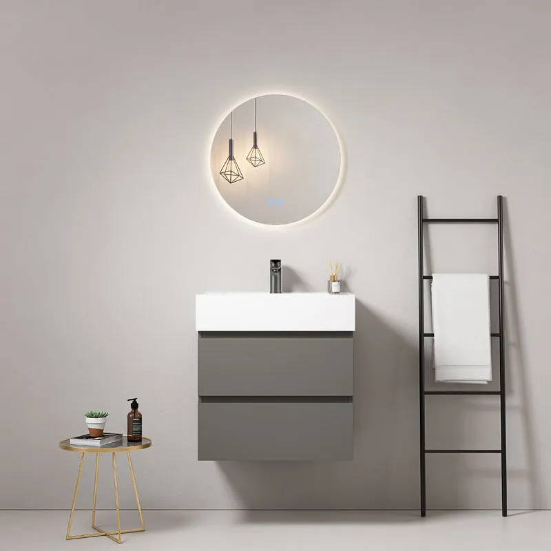 Mobile bagno sospeso 60 cm Grigio Londra Lavabo in Resina Specchio Tondo Retroilluminato - Fiji Paint