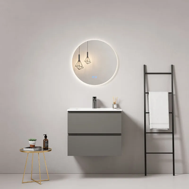 Mobile bagno sospeso 60 cm Grigio Londra Lavabo in Ceramica Specchio Tondo Retroilluminato - Fiji Paint