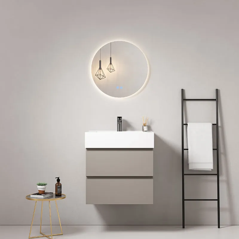 Mobile bagno sospeso 60 cm Grigio Cenere Lavabo in Resina Specchio Tondo Retroilluminato - Fiji Paint
