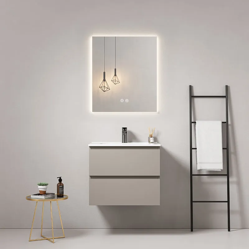 Mobile bagno sospeso 60 cm Grigio Cenere Lavabo in Ceramica Specchio Quadro Retroilluminato - Fiji Paint