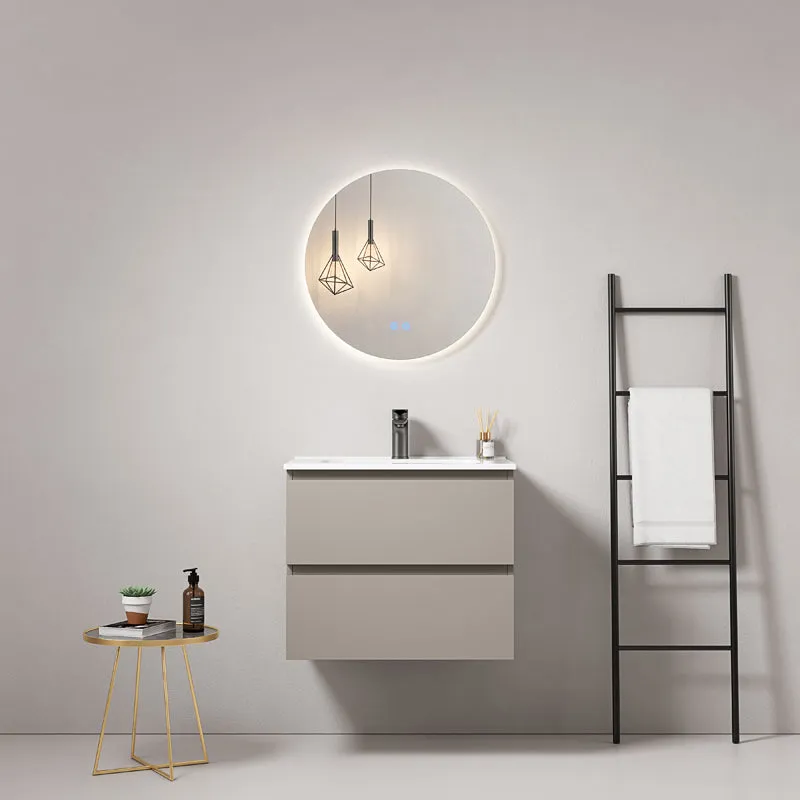 Mobile bagno sospeso 60 cm Grigio Cenere Lavabo in Ceramica Specchio Tondo Retroilluminato - Fiji Paint