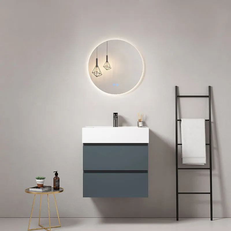Mobile bagno sospeso 60 cm Blu Mare Lavabo in Resina Specchio Tondo Retroilluminato - Fiji Paint