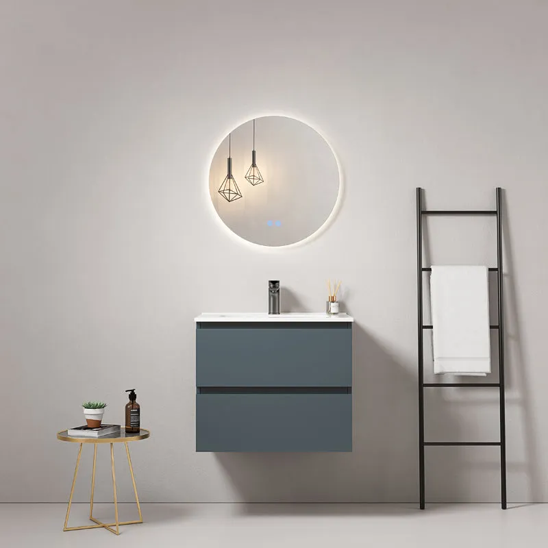 Mobile bagno sospeso 60 cm Blu Mare Lavabo in Ceramica Specchio Tondo Retroilluminato - Fiji Paint
