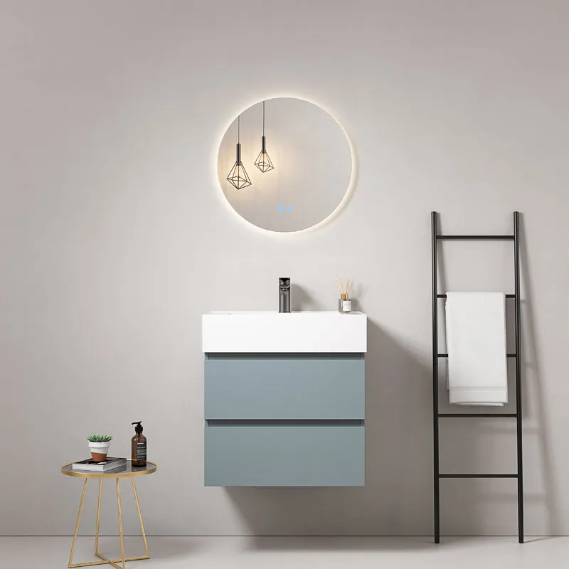 Mobile bagno sospeso 60 cm Blu Avio Lavabo in Resina Specchio Tondo Retroilluminato - Fiji Paint