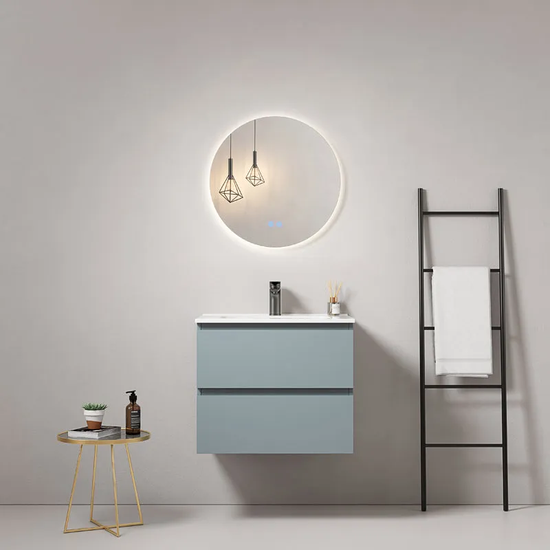 Mobile bagno sospeso 60 cm Blu Avio Lavabo in Ceramica Specchio Tondo Retroilluminato - Fiji Paint