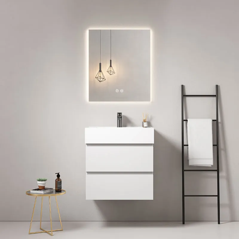 Mobile bagno sospeso 60 cm Bianco Lavabo in Resina Specchio Quadro Retroilluminato - Fiji Paint