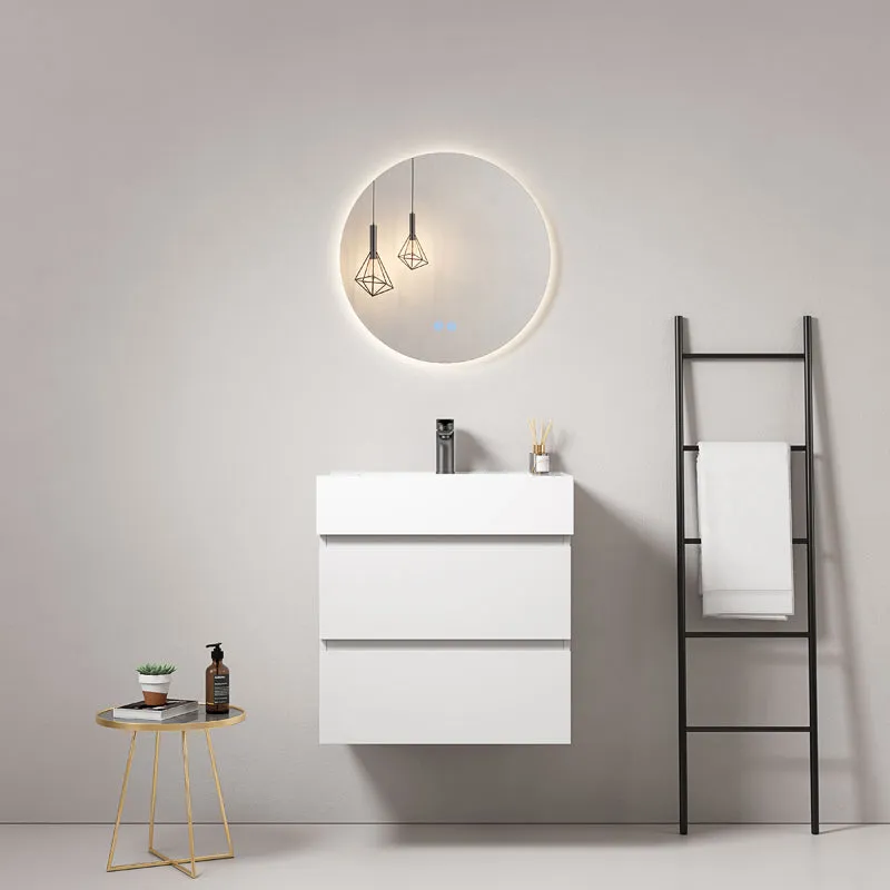 Mobile bagno sospeso 60 cm Bianco Lavabo in Resina Specchio Tondo Retroilluminato - Fiji Paint