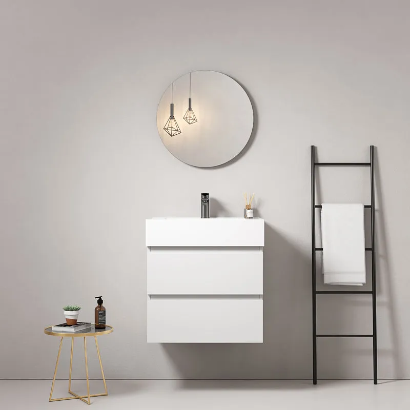Mobile bagno sospeso 60 cm Bianco Lavabo in Resina Specchio Tondo - Fiji Paint