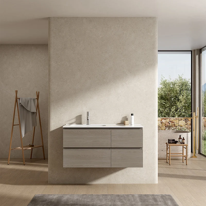 Mobile bagno sospeso 100 cm Beige Lavabo a Sinistra in Ceramica Senza Specchio - Fiji Wood