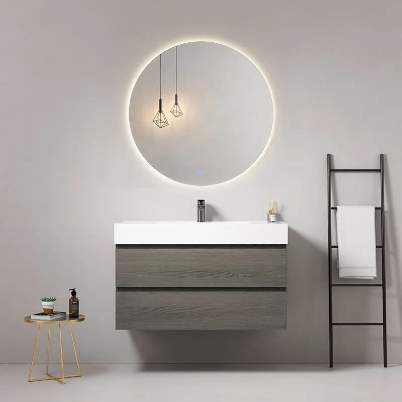Mobile bagno sospeso 100 cm Grey Lavabo in Resina Specchio Tondo Retroilluminato - Fiji Wood