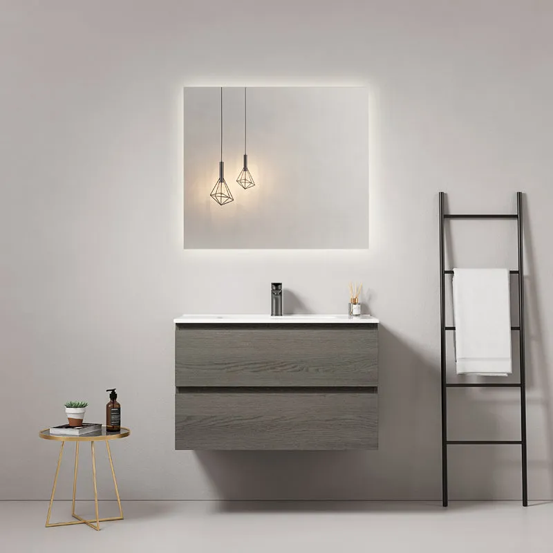 Mobile bagno sospeso 100 cm Grey Lavabo in Ceramica Specchio Quadro Retroilluminato - Fiji Wood