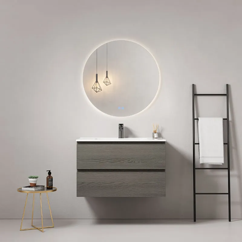 Mobile bagno sospeso 100 cm Grey Lavabo in Ceramica Specchio Tondo Retroilluminato - Fiji Wood