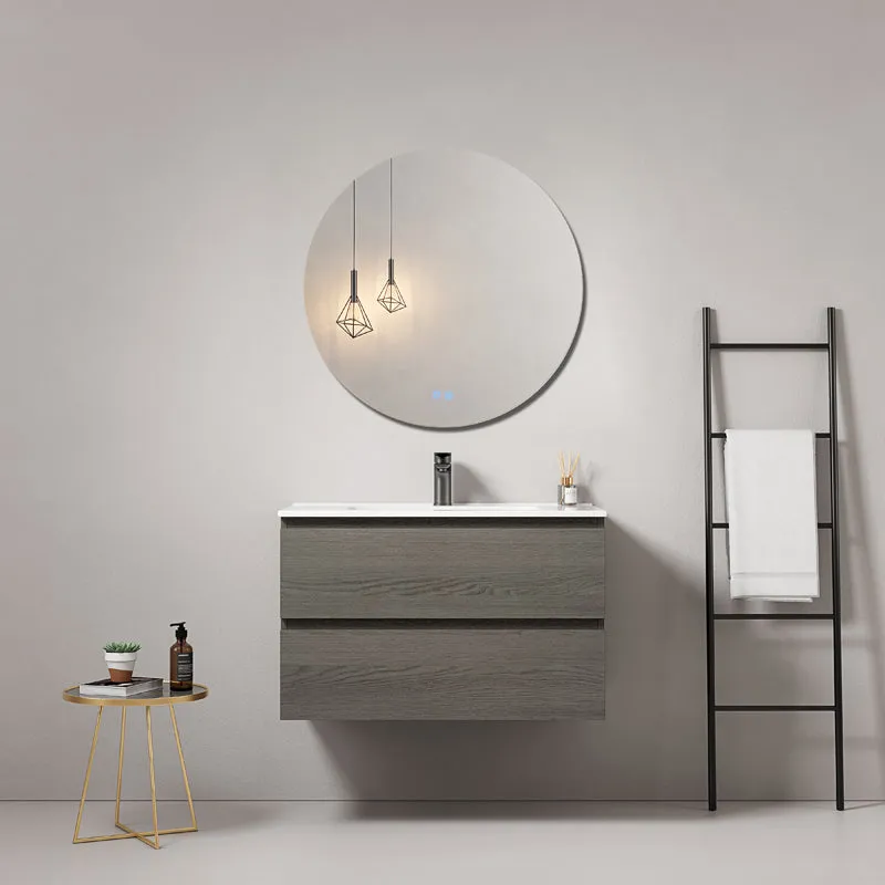 Mobile bagno sospeso 100 cm Grey Lavabo in Ceramica Specchio Tondo - Fiji Wood