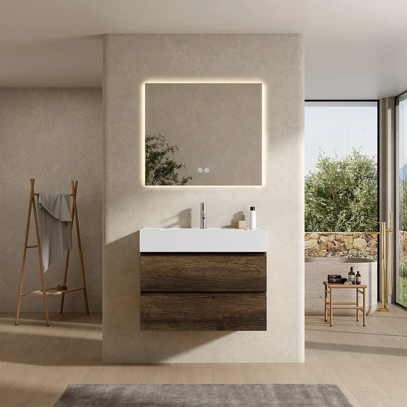 Mobile bagno sospeso 100 cm Bruno Scuro Lavabo in Resina Specchio Quadro Retroilluminato - Fiji Wood