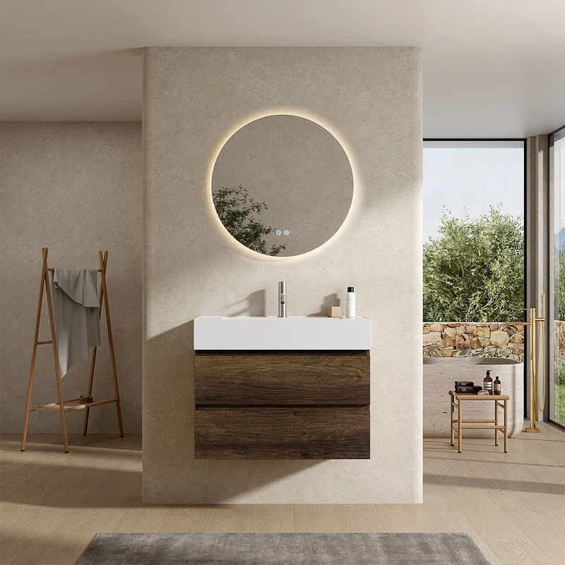 Mobile bagno sospeso 100 cm Bruno Scuro Lavabo in Resina Specchio Tondo Retroilluminato - Fiji Wood