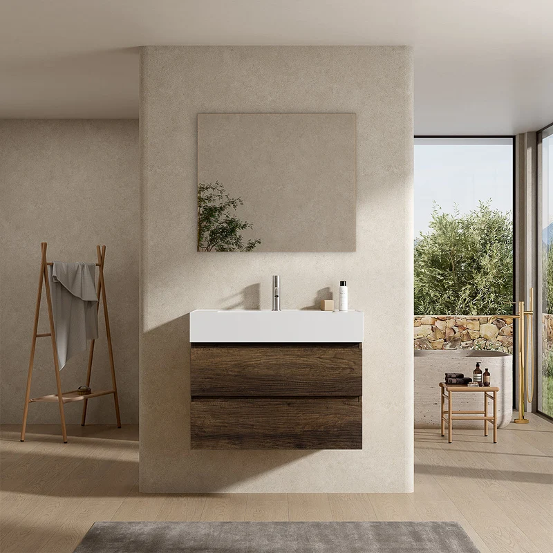 Mobile bagno sospeso 100 cm Bruno Scuro Lavabo in Resina Specchio Quadro - Fiji Wood