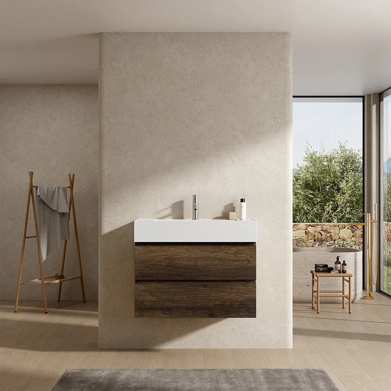 Mobile bagno sospeso 100 cm Bruno Scuro Lavabo in Resina Senza Specchio - Fiji Wood