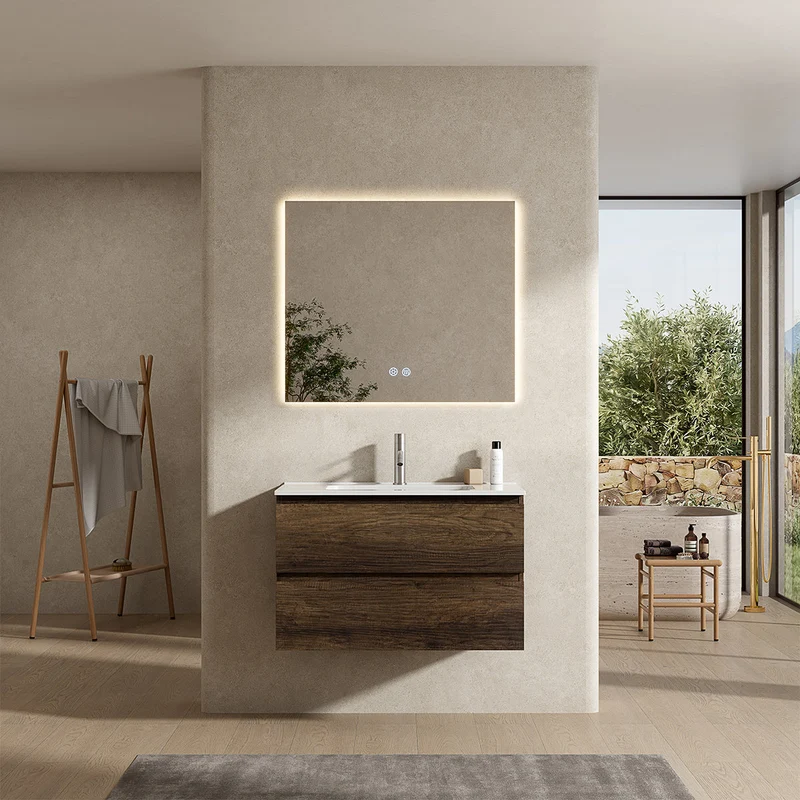 Mobile bagno sospeso 100 cm Bruno Scuro Lavabo in Ceramica Specchio Quadro Retroilluminato - Fiji Wood