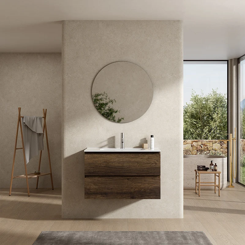 Mobile bagno sospeso 100 cm Bruno Scuro Lavabo in Ceramica Specchio Tondo - Fiji Wood