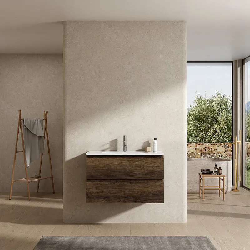 Mobile bagno sospeso 100 cm Bruno Scuro Lavabo in Ceramica Senza Specchio - Fiji Wood