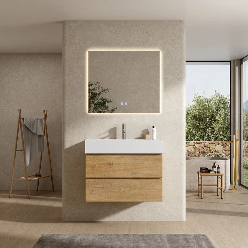 Mobile bagno sospeso 100 cm Bruno Medio Lavabo in Resina Specchio Quadro Retroilluminato - Fiji Wood