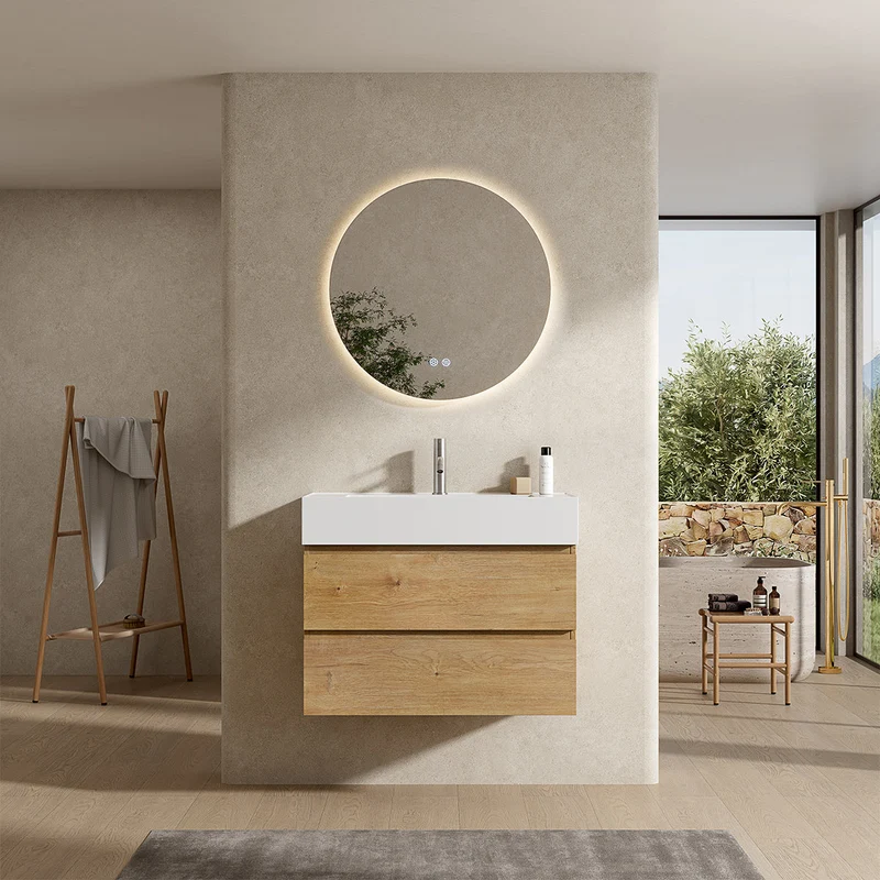 Mobile bagno sospeso 100 cm Bruno Medio Lavabo in Resina Specchio Tondo Retroilluminato - Fiji Wood