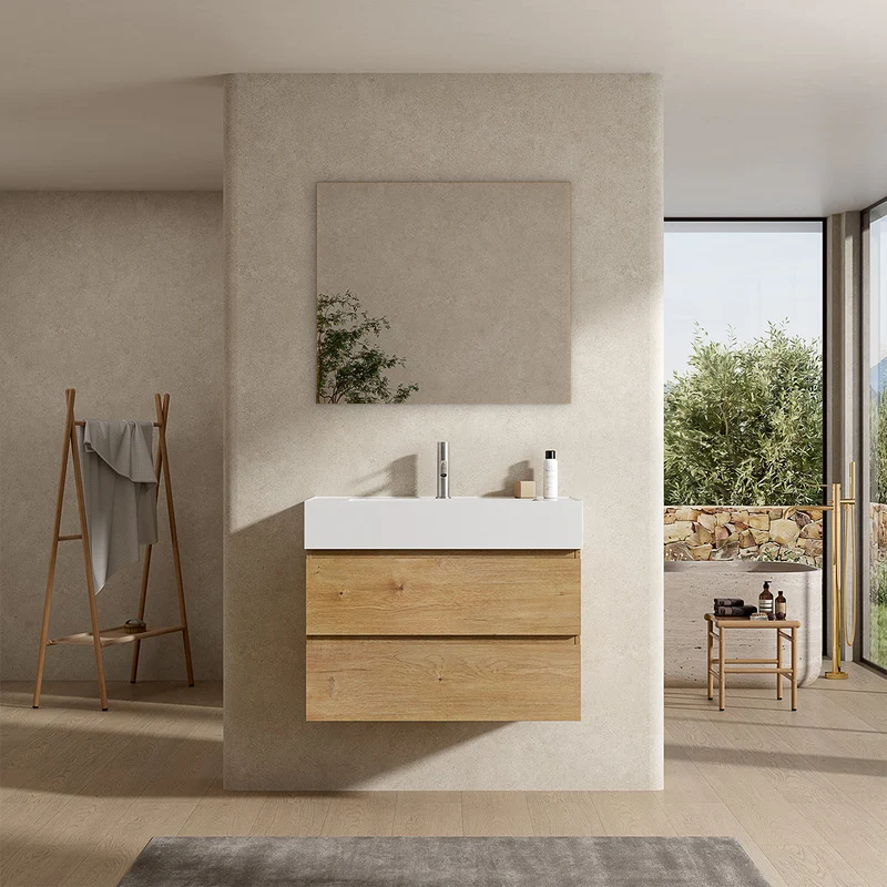 Mobile bagno sospeso 100 cm Bruno Medio Lavabo in Resina Specchio Quadro - Fiji Wood