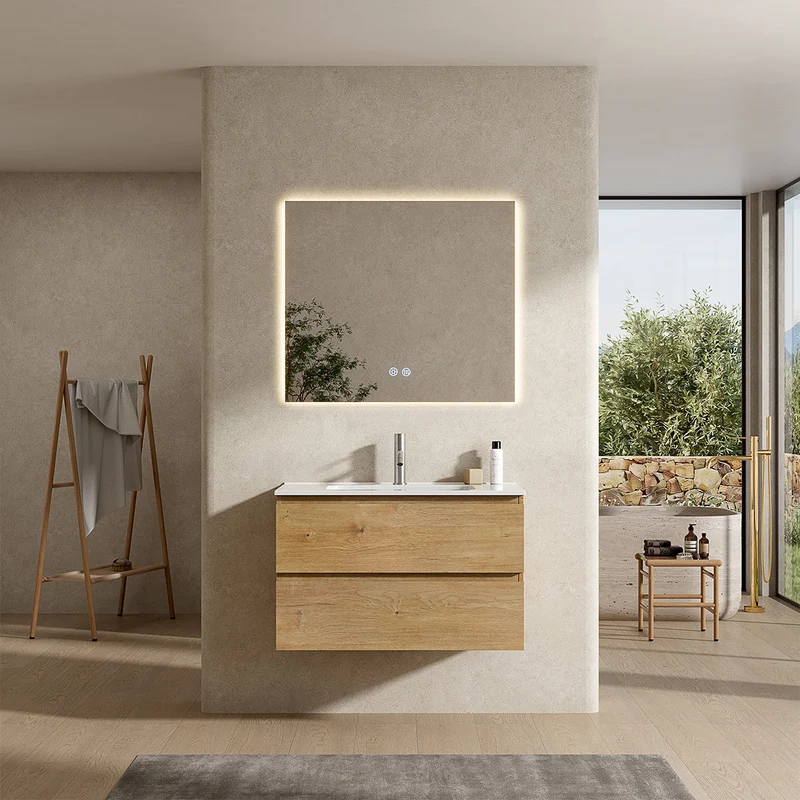 Mobile bagno sospeso 100 cm Bruno Medio Lavabo in Ceramica Specchio Quadro Retroilluminato - Fiji Wood