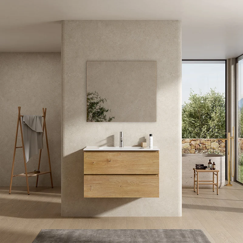 Mobile bagno sospeso 100 cm Bruno Medio Lavabo in Ceramica Specchio Quadro - Fiji Wood