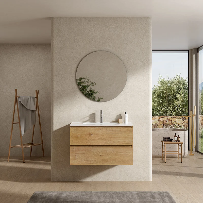 Mobile bagno sospeso 100 cm Bruno Medio Lavabo in Ceramica Specchio Tondo - Fiji Wood