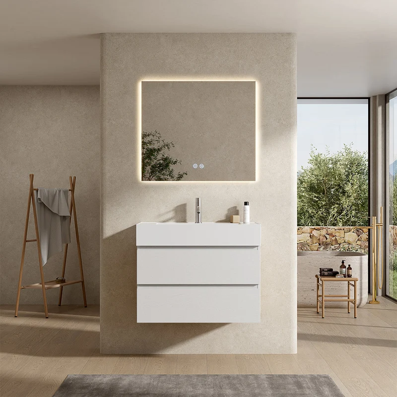 Mobile bagno sospeso 100 cm Bianco Lavabo in Resina Specchio Quadro Retroilluminato - Fiji Wood