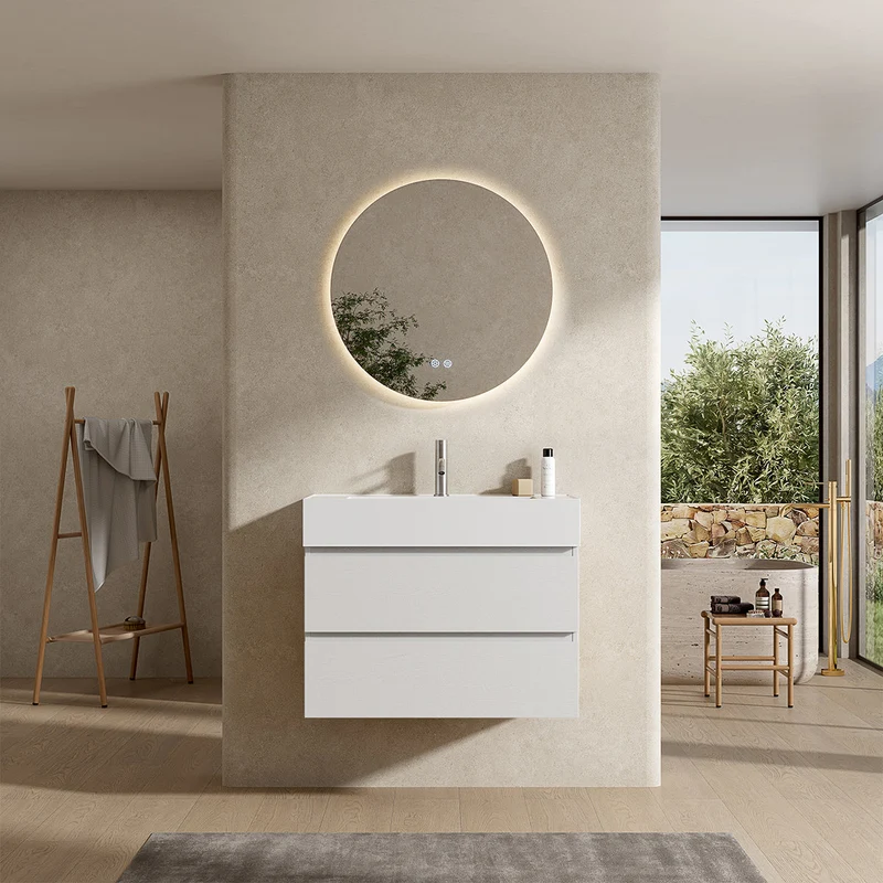 Mobile bagno sospeso 100 cm Bianco Lavabo in Resina Specchio Tondo Retroilluminato - Fiji Wood
