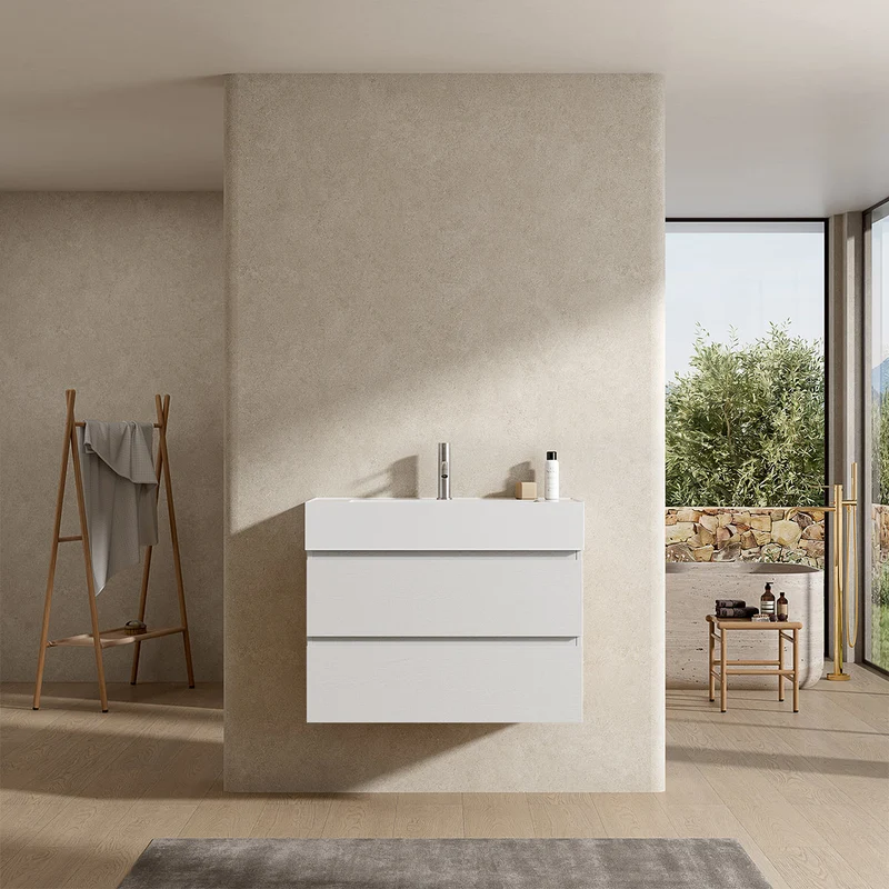 Mobile bagno sospeso 100 cm Bianco Lavabo in Resina Senza Specchio - Fiji Wood