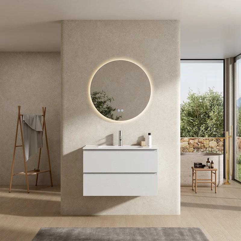 Mobile bagno sospeso 100 cm Bianco Lavabo in Ceramica Specchio Tondo Retroilluminato - Fiji Wood
